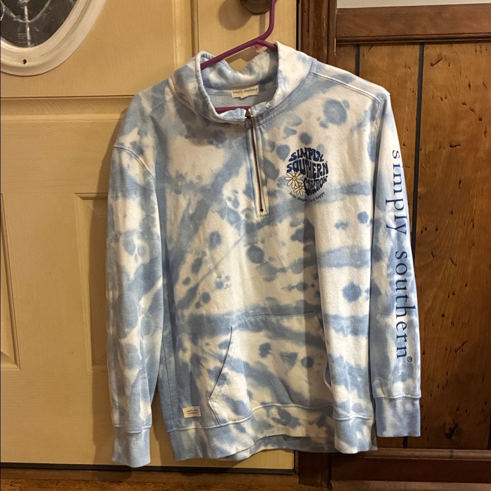 Simply Southern Light Blue and White Tie-Dye Quarter Zip Pullover